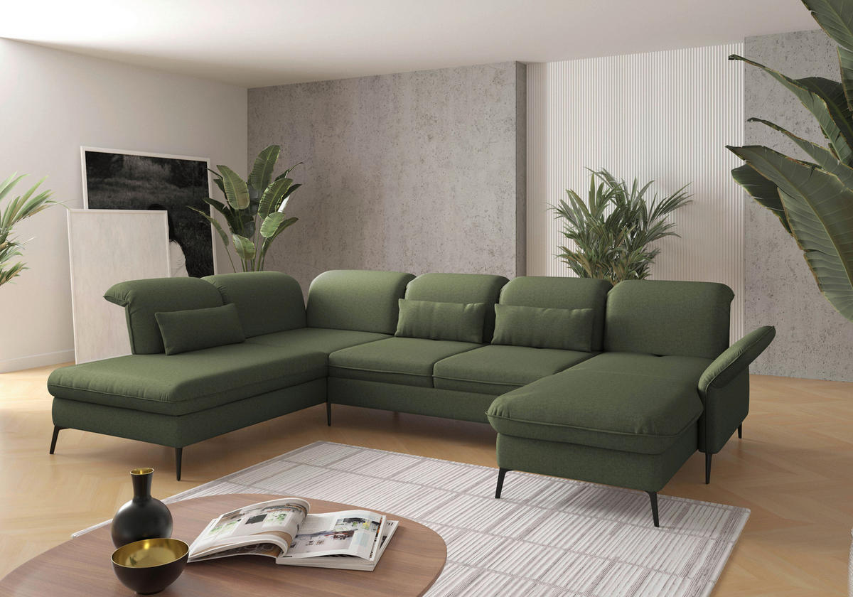 WOHNLANDSCHAFT in Flachgewebe Olivgrün  - Schwarz/Olivgrün, Konventionell, Textil/Metall (231/359/198cm) - Sit & More