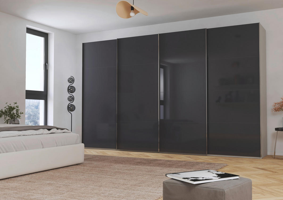 SCHWEBETÜRENSCHRANK 361/223/68 cm 4-türig Schwarz, Seidengrau  - Chromfarben/Seidengrau, Design, Glas/Holzwerkstoff (361/223/68cm) - Novel