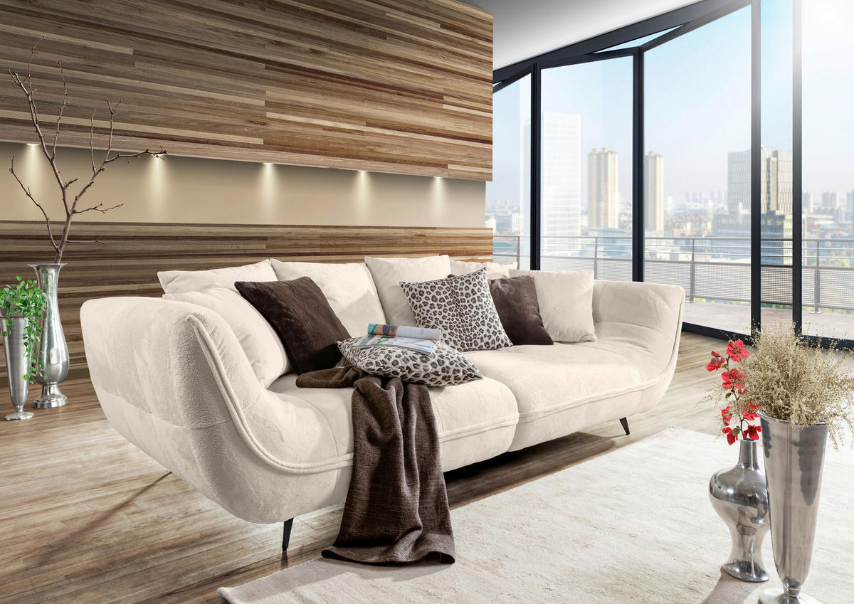 BIGSOFA Flachgewebe Creme, Schwarz, Weiss  - Weiss/Dunkelbraun, Design, Textil/Metall (275/80/123cm) - Stylife