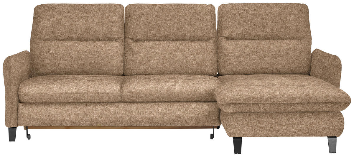 ECKSOFA Hellbraun Plüsch Bettkasten, Schlaffunktion, Rücken echt, Kopfteilverstellung, Sitztiefenverstellung  - Hellbraun/Schwarz, KONVENTIONELL, Textil/Metall (254/190cm) - Livetastic
