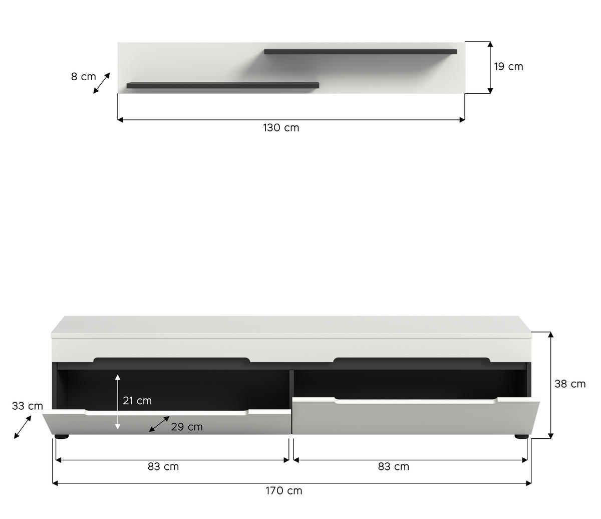 TV-SZEKRÉNY 170/38/33 cm  - fekete/fehér, Design, műanyag/faalapú anyag (170/38/33cm) - Livetastic