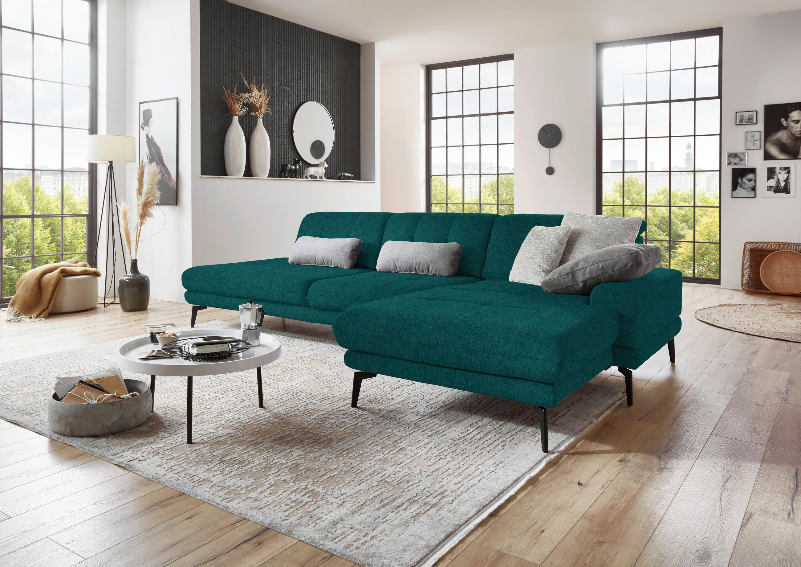 ECKSOFA in Flachgewebe Petrol  - Petrol/Schwarz, Design, Textil/Metall (309/190cm) - Beldomo Style
