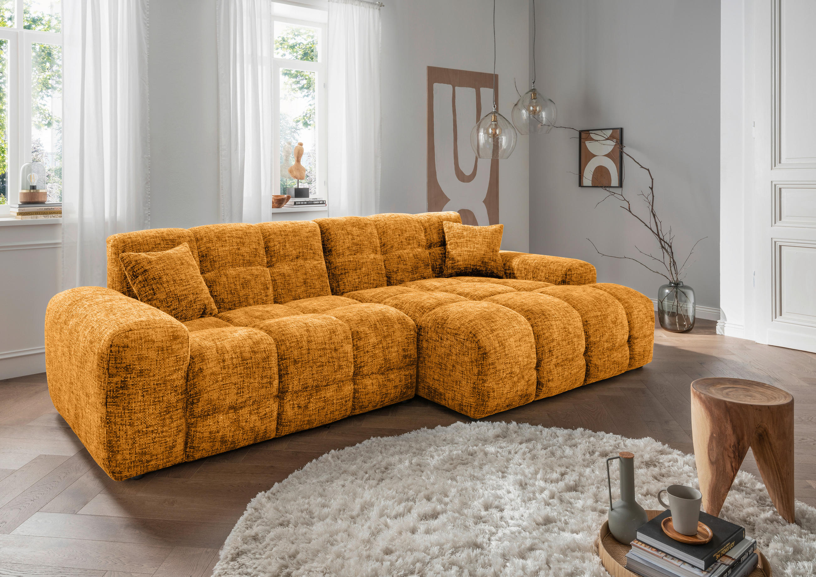 ECKSOFA in Struktur Goldfarben - Goldfarben/Schwarz, Modern, Kunststoff/Textil (301/152cm) - Livetastic