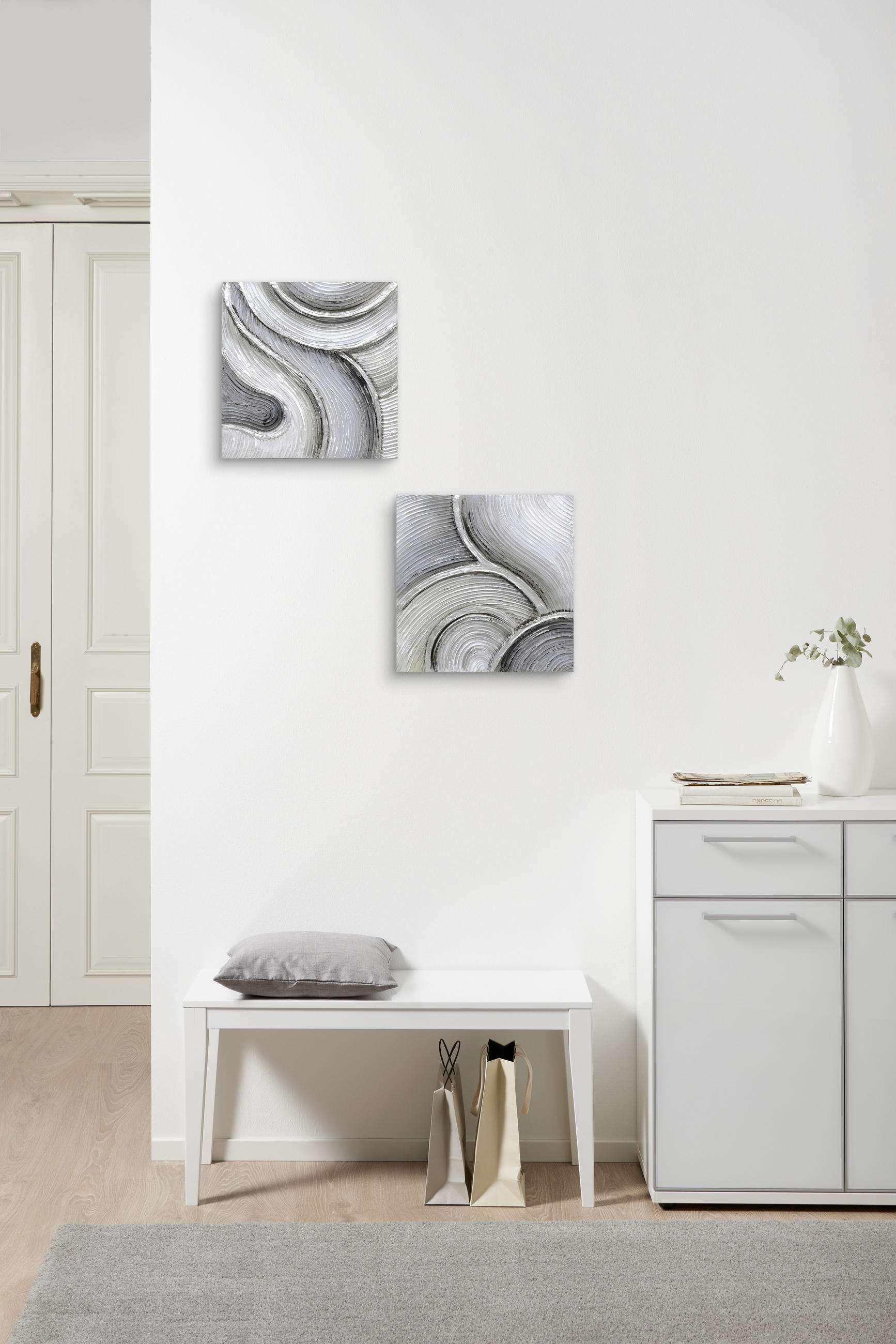 Thumbnail - Monee Ölgemälde, Blau, Grau, Schwarz, Weiß, Holz, Textil, Tanne, massiv, quadratisch, 30x30 cm, handgemalt, Keilrahmen, ...