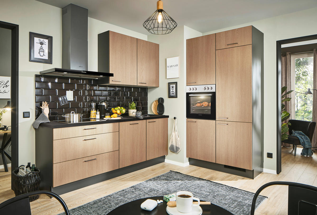 ECKKÜCHE 220/120 cm  in Graphitfarben, Schwarz, Eichefarben  - Eichefarben/Schwarz, Design, Holzwerkstoff/Metall (220/120cm) - Xora