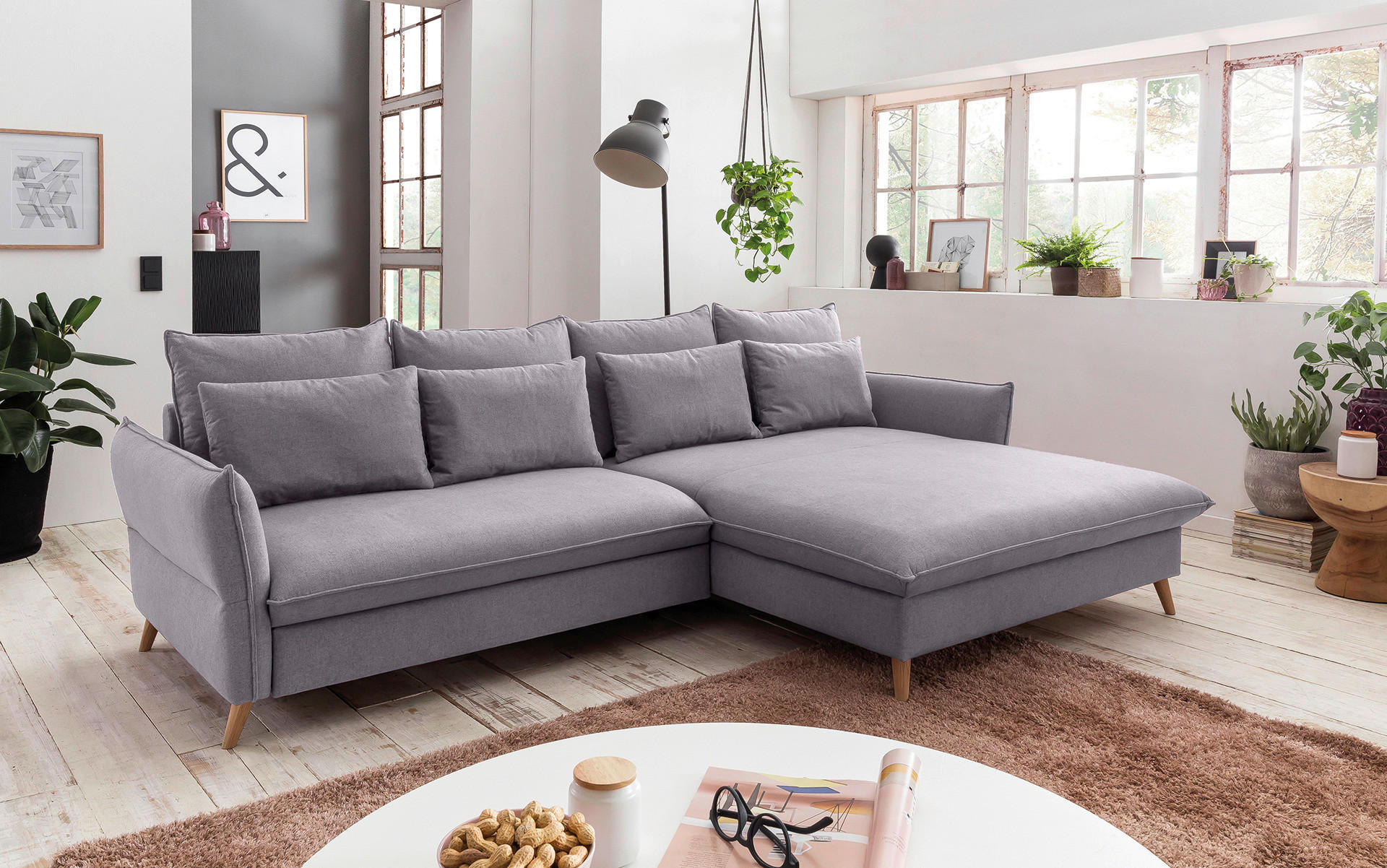 ECKSCHLAFSOFA Flachgewebe Hellgrau  - Hellbraun/Buchefarben, Design, Holz/Textil (274/170cm) - Livetastic