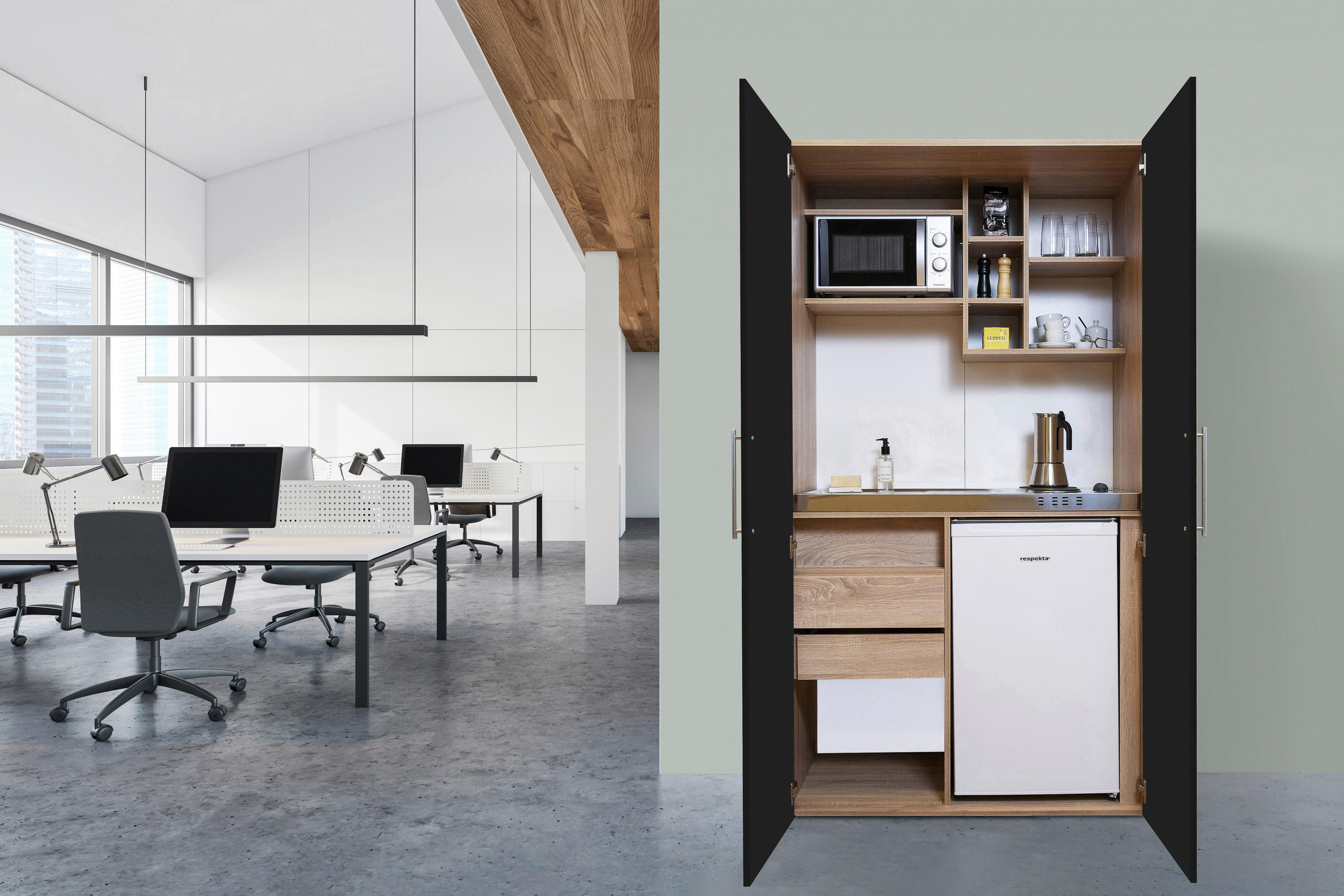 Schrankküche mit Kühlschrank + Kochfeld 104 cm Schwarz