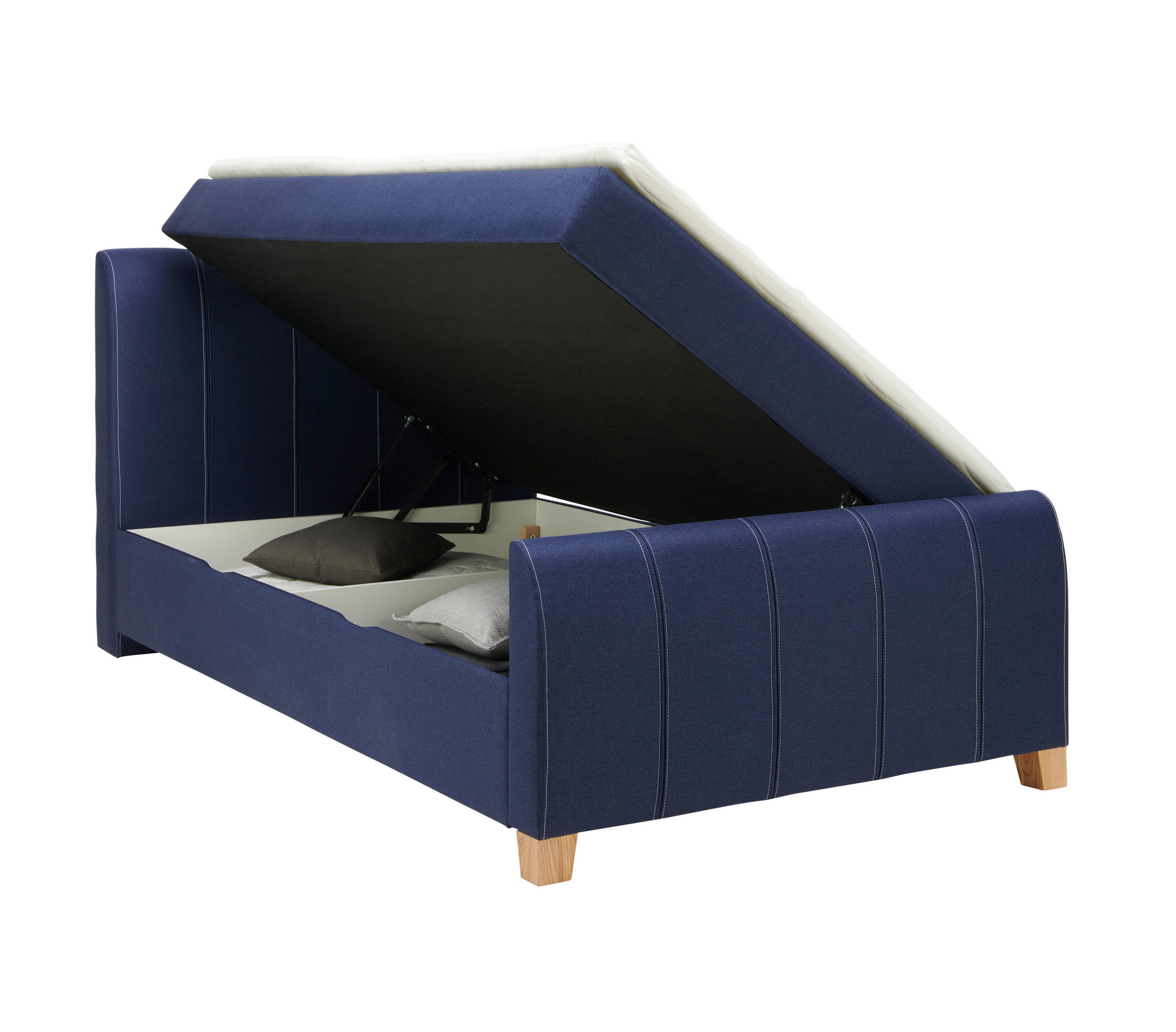 Thumbnail - Xora Boxbett, Blau, Textil, Eiche, Hartholz, H3, Höhe ca. 14 cm, 120x200 cm, Bettkasten, gepolstertes Kopfteil, Stoffaus...