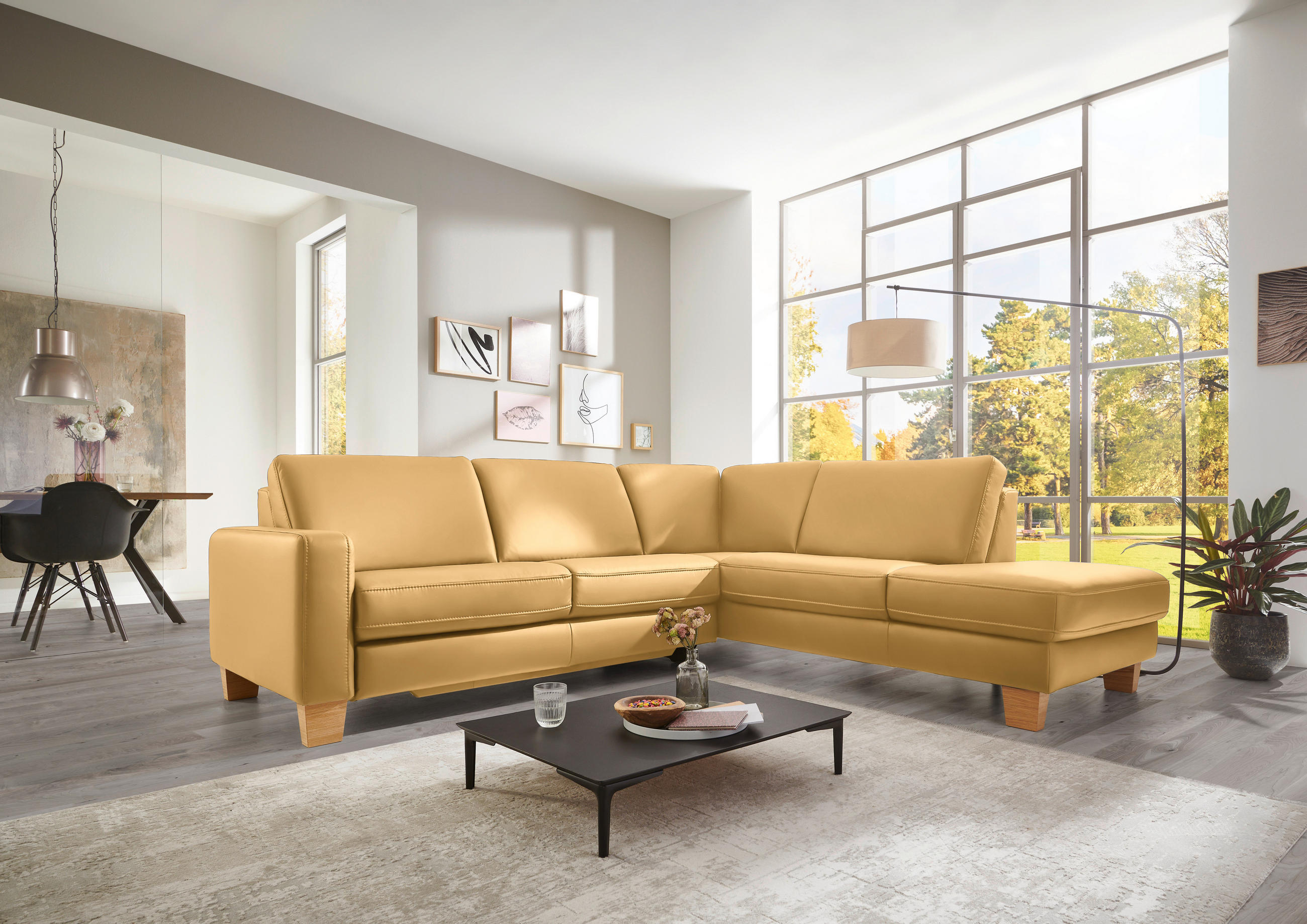 ECKSOFA in Echtleder Gelb  - Eiche Bianco/Gelb, Natur, Leder/Holz (257/235cm) - Valdera