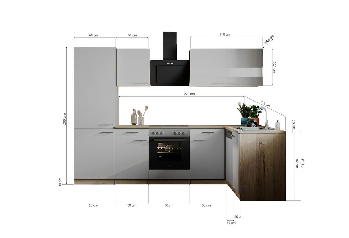 HÖRNKÖK 280/172 cm  i vit  - stålfärgad/vit, Basics, metall/trämaterial (280/172cm) - Respekta