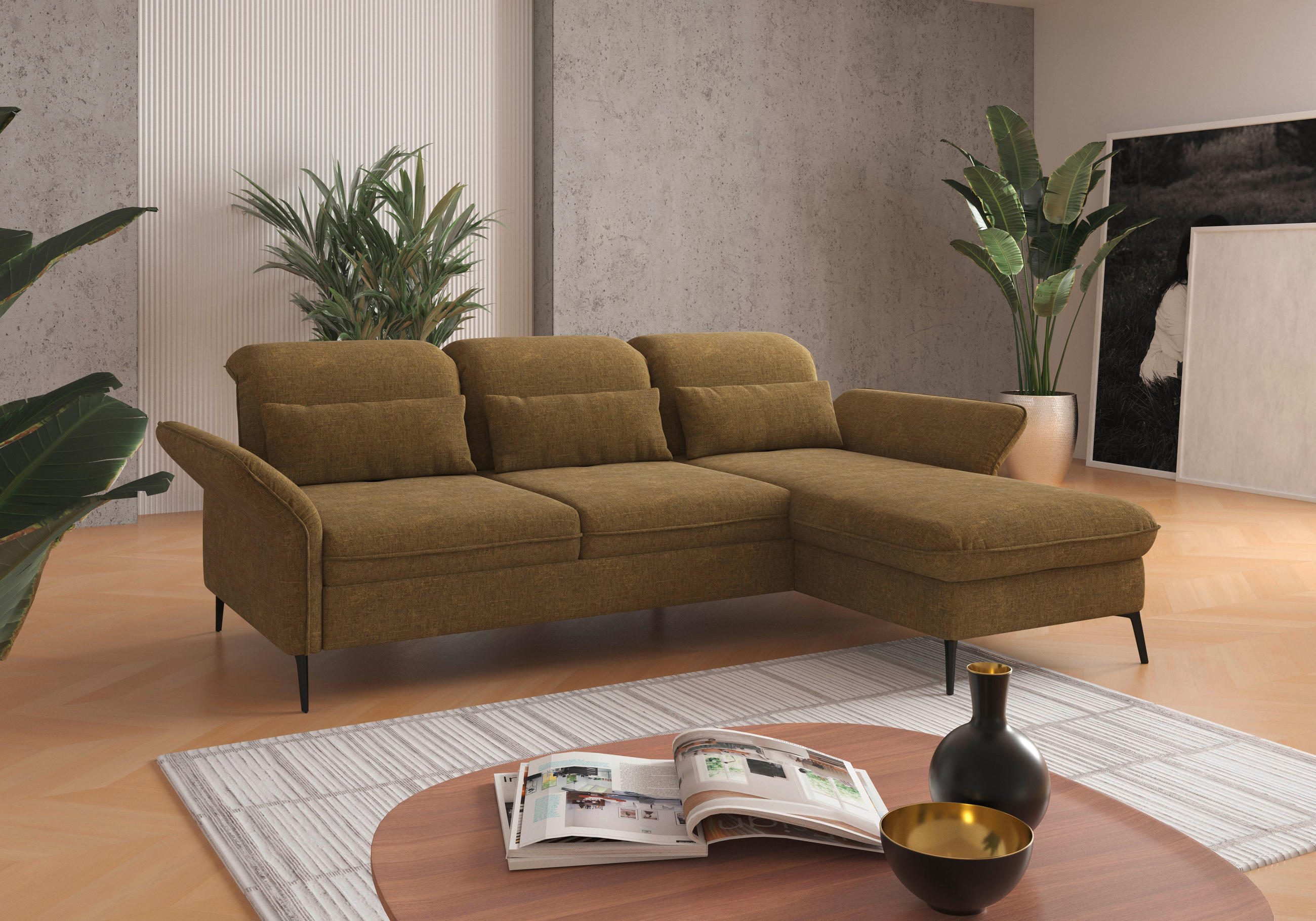 ECKSOFA in Flachgewebe Olivgrün  264/198 cm  - Schwarz/Olivgrün, KONVENTIONELL, Textil/Metall (264/198cm) - Sit & More