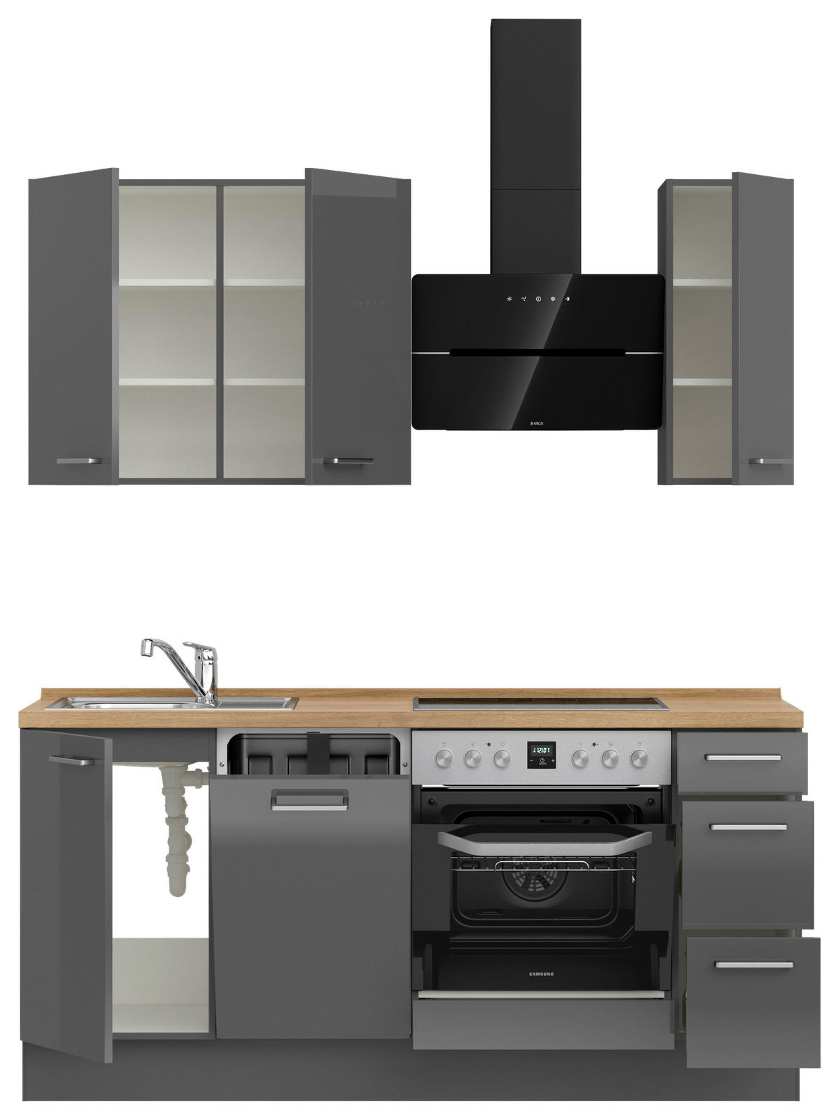 KÜCHENBLOCK 180 cm   in Eichefarben, Schieferfarben  - Schieferfarben/Edelstahlfarben, MODERN, Holzwerkstoff/Metall (180cm) - Nobilia