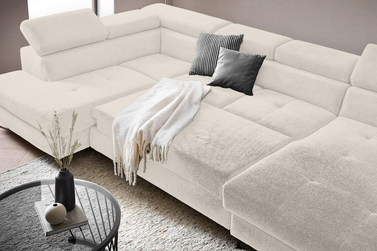 WOHNLANDSCHAFT inkl. Funktion Beige Flachgewebe  - Beige/Schwarz, MODERN, Textil/Metall (206/333/180cm) - Stylife