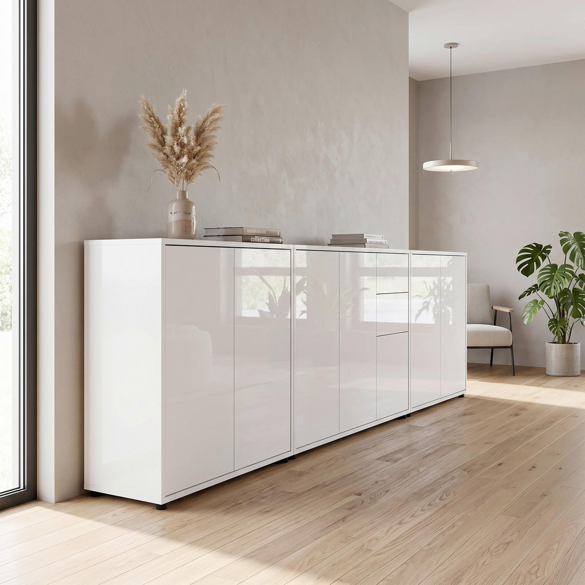 SIDEBOARD Mailand Set 6 263,5/73/33 cm 2 Schublade(n)  - Weiß Hochglanz/Schwarz, MODERN, Holzwerkstoff/Kunststoff (263,5/73/33cm) - MID.YOU