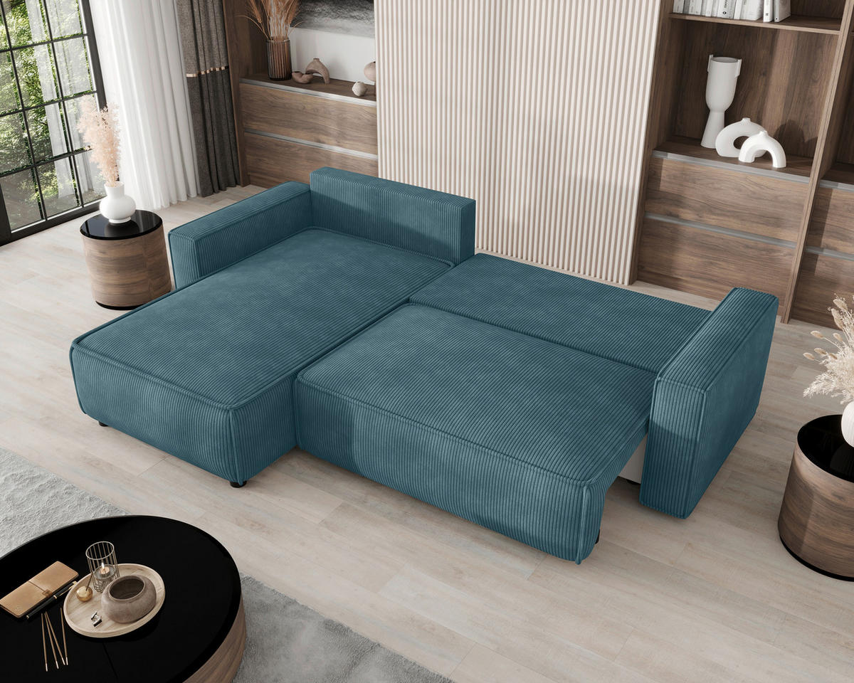 ECKSOFA Türkis Cord Zierkissen, Rückenkissen, Bettkasten, Schlaffunktion, Rücken echt, Liegefläche im Originalstoff  - Türkis/Schwarz, MODERN, Kunststoff/Textil (190/280cm) - Carryhome