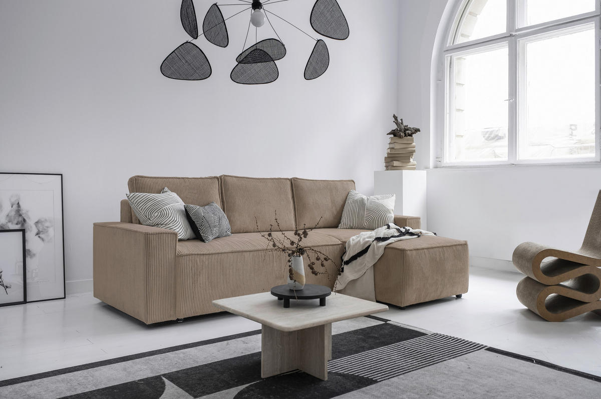 ECKSOFA in Cord Taupe  - Taupe/Schwarz, Design, Kunststoff/Textil (250/156cm) - MID.YOU