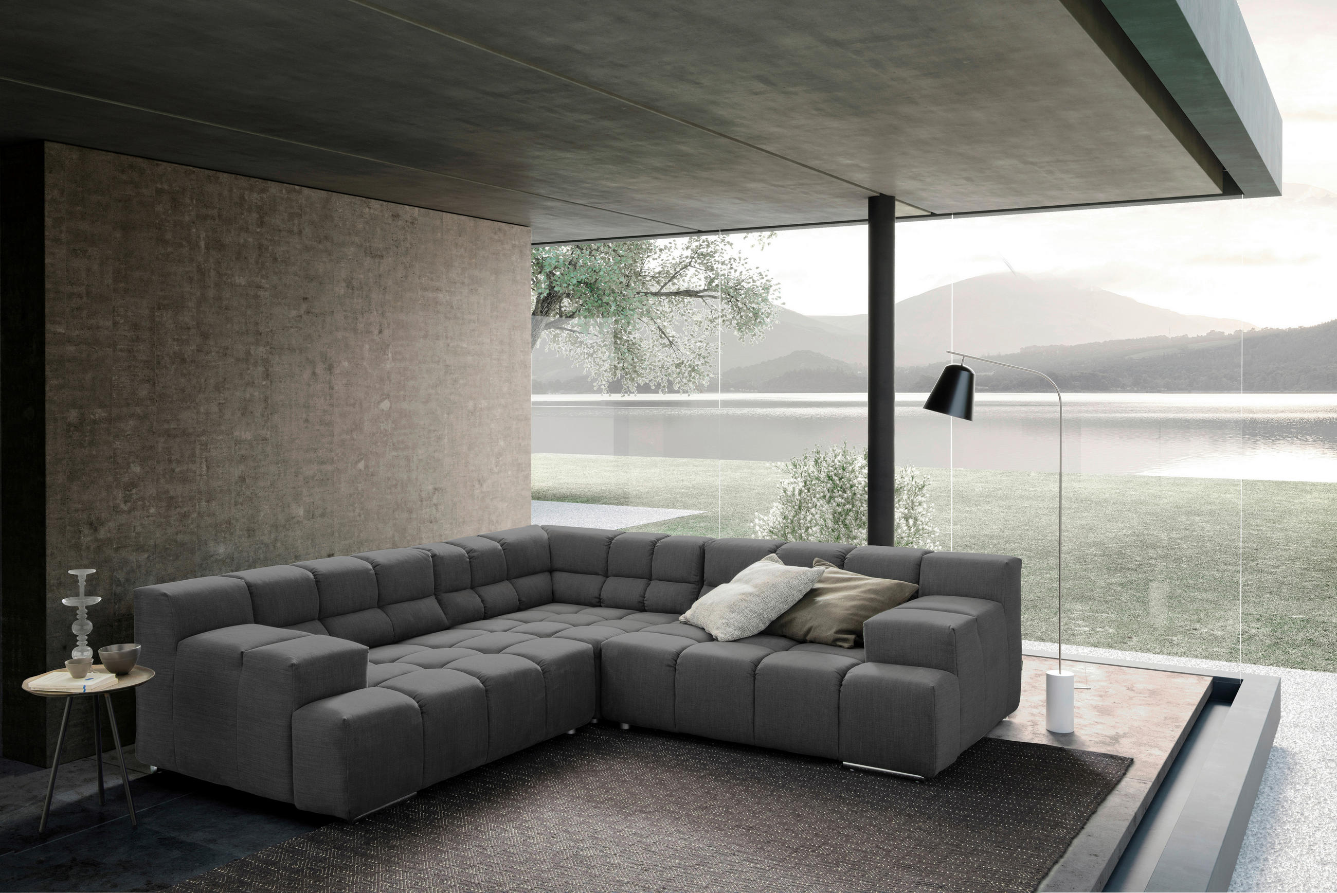 ECKSOFA in Flachgewebe, Leinenoptik Dunkelgrau  - Dunkelgrau/Schwarz, Design, Textil/Metall (257/257cm) - Designwerk
