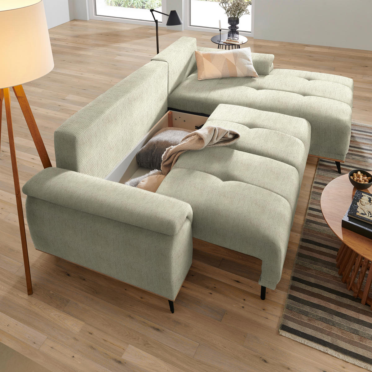 ECKSOFA in Chenille Beige  - Beige/Schwarz, Modern, Textil/Metall (262/168cm) - home24