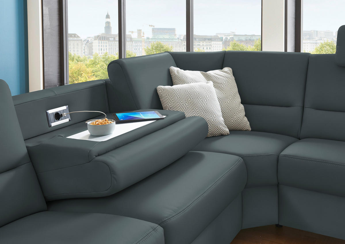 ECKSOFA in Echtleder Blaugrau  - Blaugrau/Alufarben, Konventionell, Leder/Metall (290/249cm) - Beldomo Premium