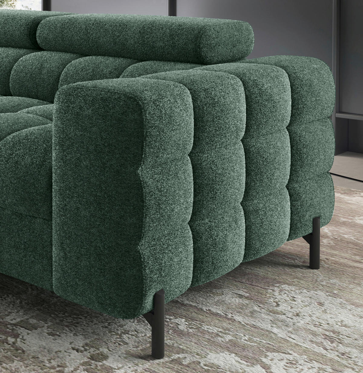 ECKSOFA FERUCCE Dunkelgrün Teddystoff Bettkasten, Kopfteilverstellung  - Dunkelgrün/Schwarz, Design, Textil/Metall (200/276cm) - P & B