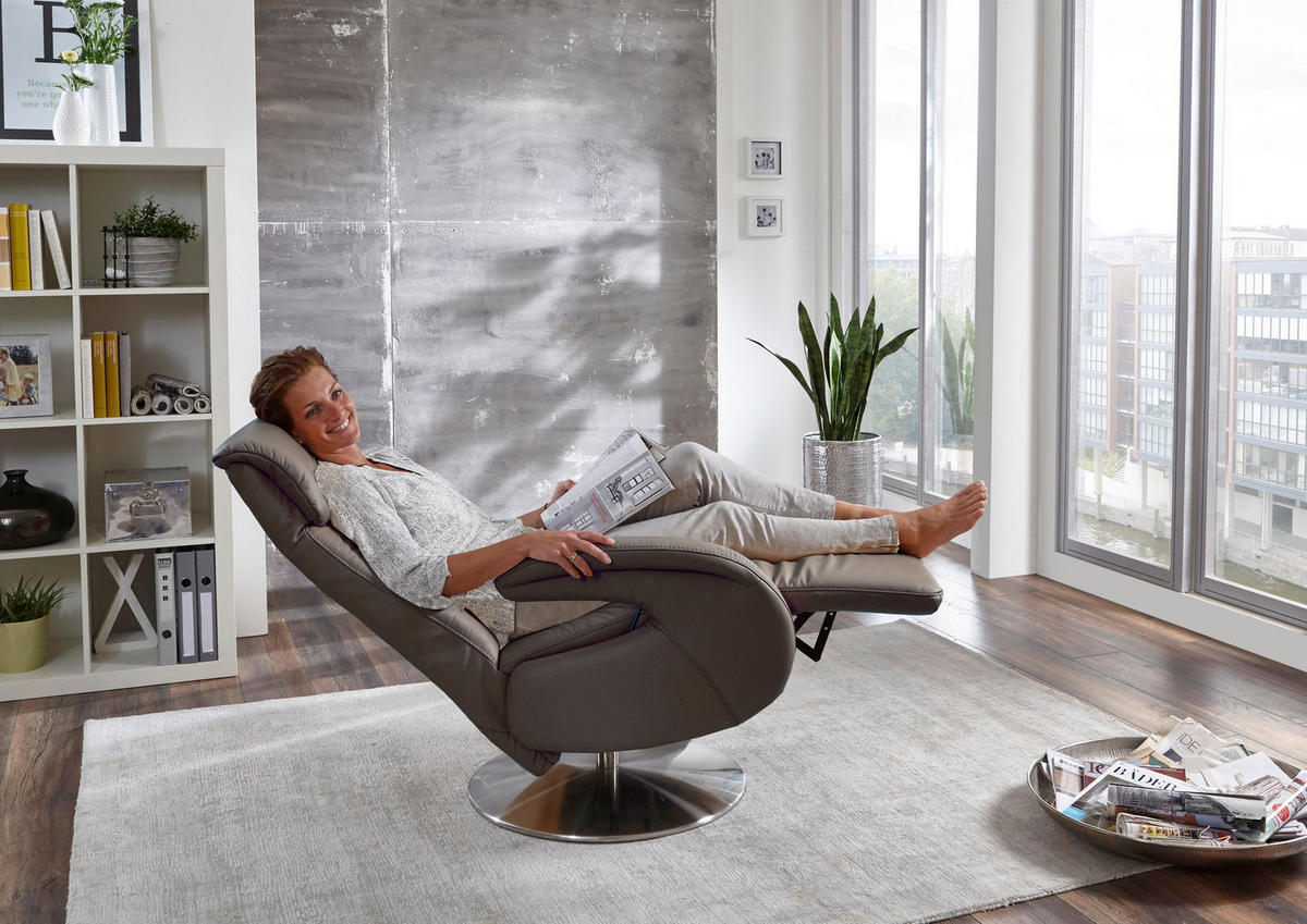RELAXSESSEL in Leder Grau  - Grau, Konventionell, Leder/Metall (70/114/80cm) - Cantus