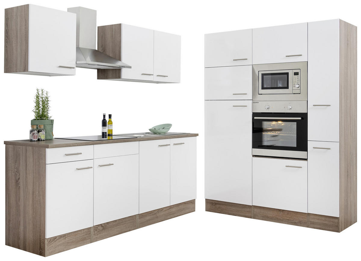 KÜCHENBLOCK 360 cm   in Weiss, Eichefarben  - Weiss/Edelstahlfarben, Design, Holzwerkstoff/Metall (360cm) - Respekta