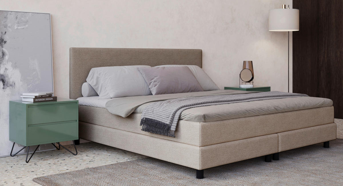 BOXBETT 180/200 cm,  in Beige, Matratze, Topper, H3 = fest  - Beige/Schwarz, MODERN, Holzwerkstoff/Textil (180/200cm) - MID.YOU