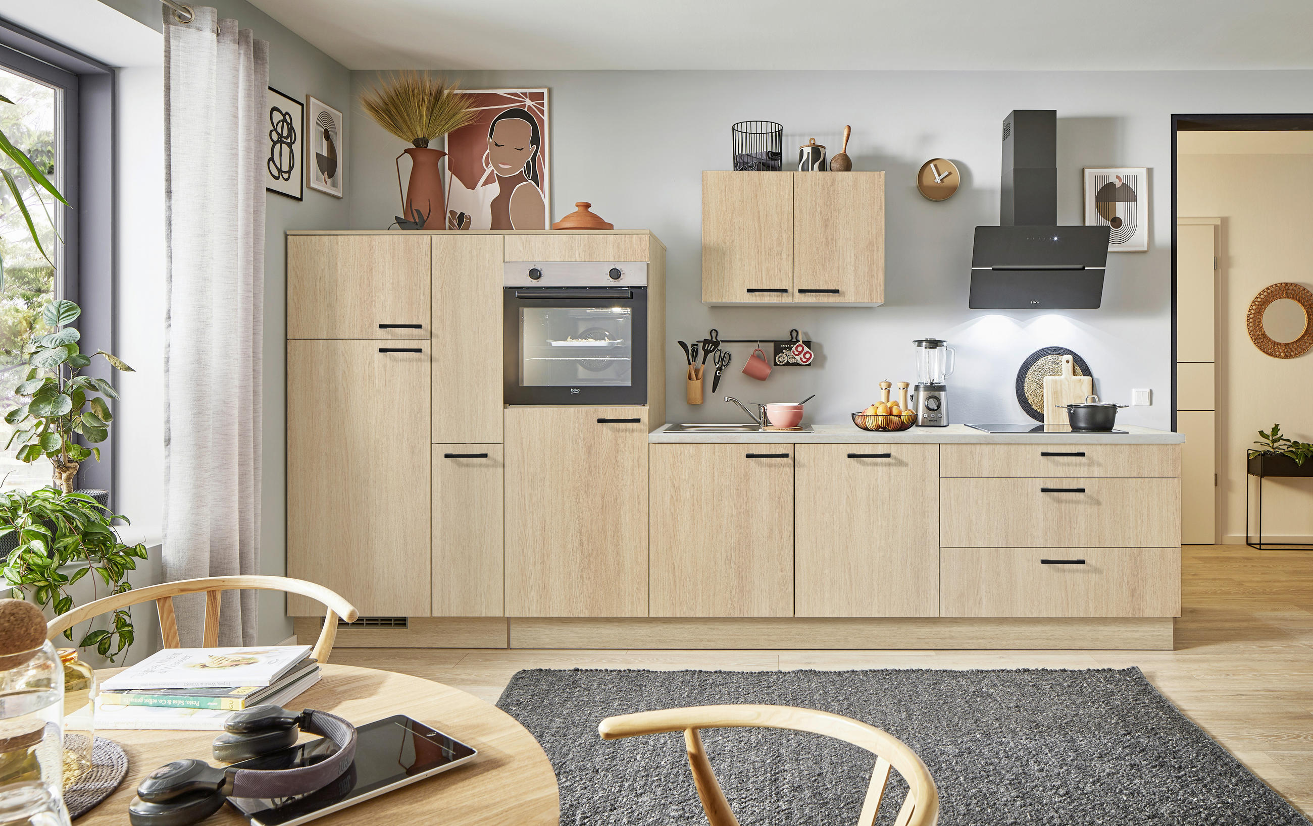 KÜCHENBLOCK PN 100 370 cm  in Eichefarben, Beigebraun  - Eichefarben/Beigebraun, Design, Holzwerkstoff/Metall (370cm) - Pino