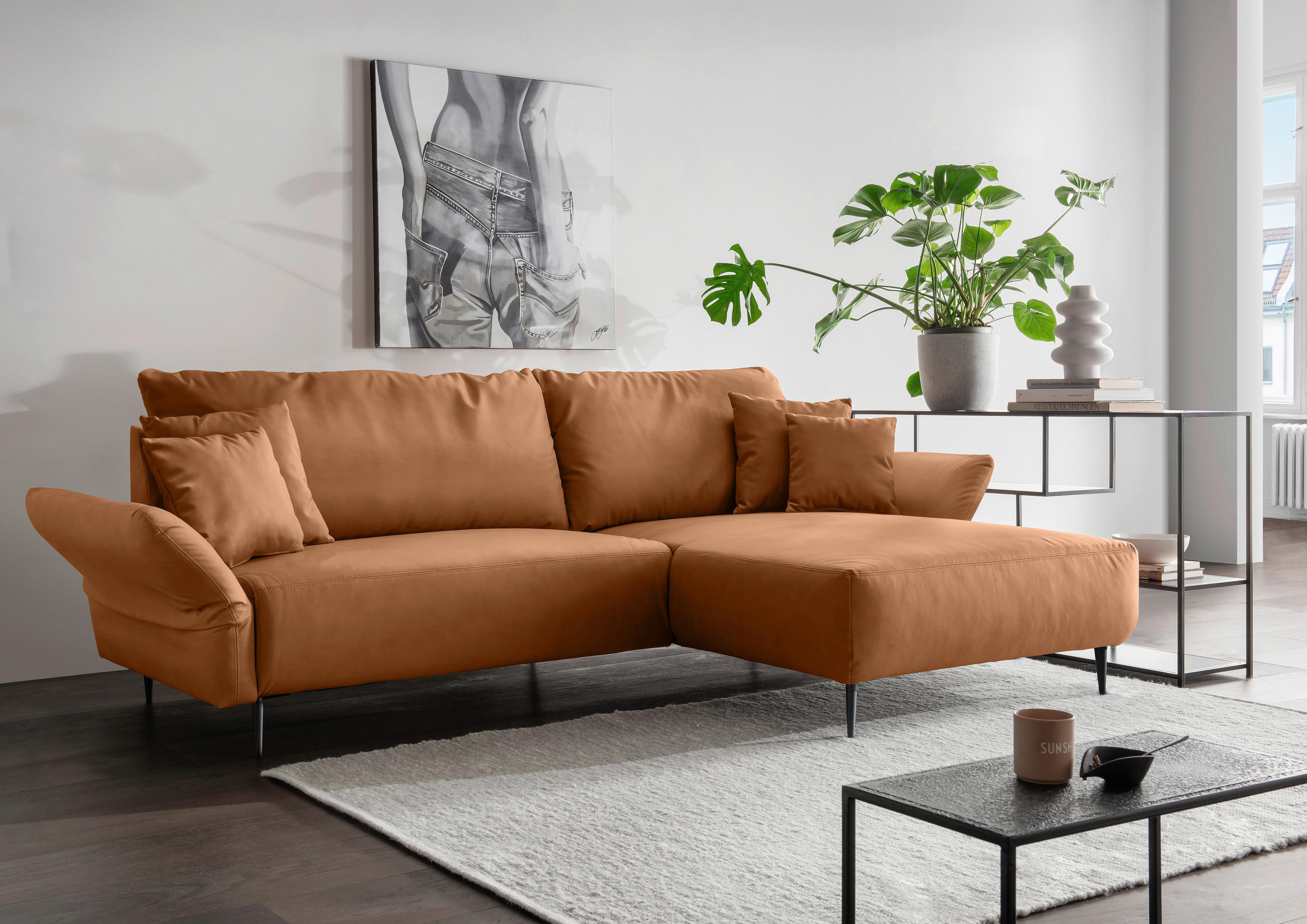 ECKSOFA in Lederlook Cognac  178/264-302 cm  - Cognac/Schwarz, Design, Textil/Metall (178/264-302cm) - Livetastic