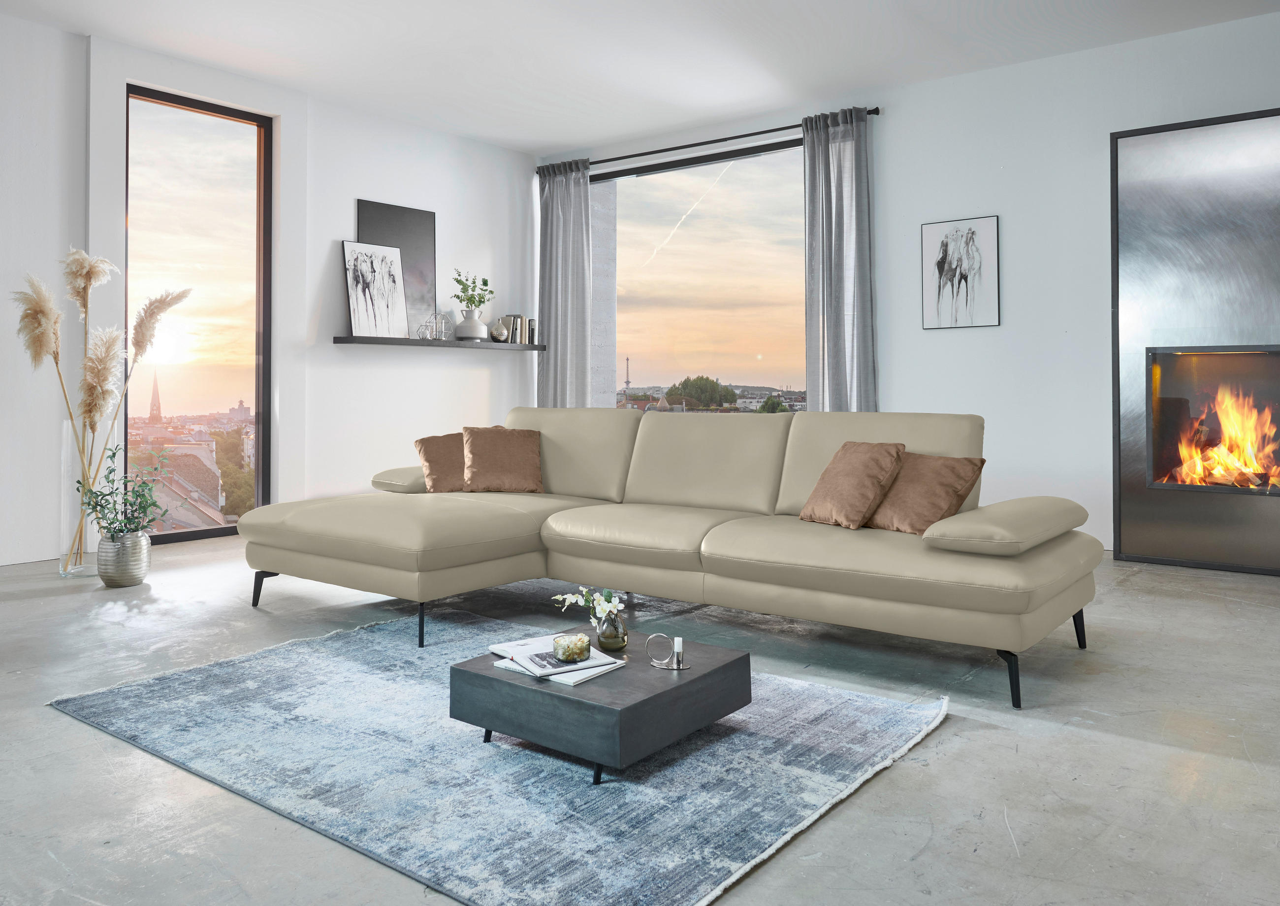 ECKSOFA in Echtleder Ecru  - Ecru/Schwarz, Design, Leder/Metall (157/325cm) - Dieter Knoll