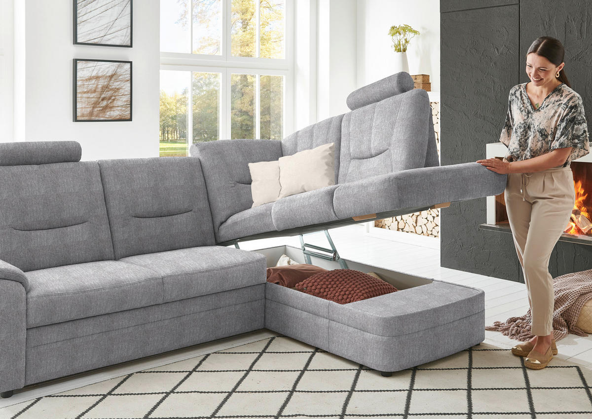 ECKSOFA Chenille Hellgrau  - Hellgrau/Schwarz, Konventionell, Kunststoff/Textil (235/185cm) - Beldomo Comfort