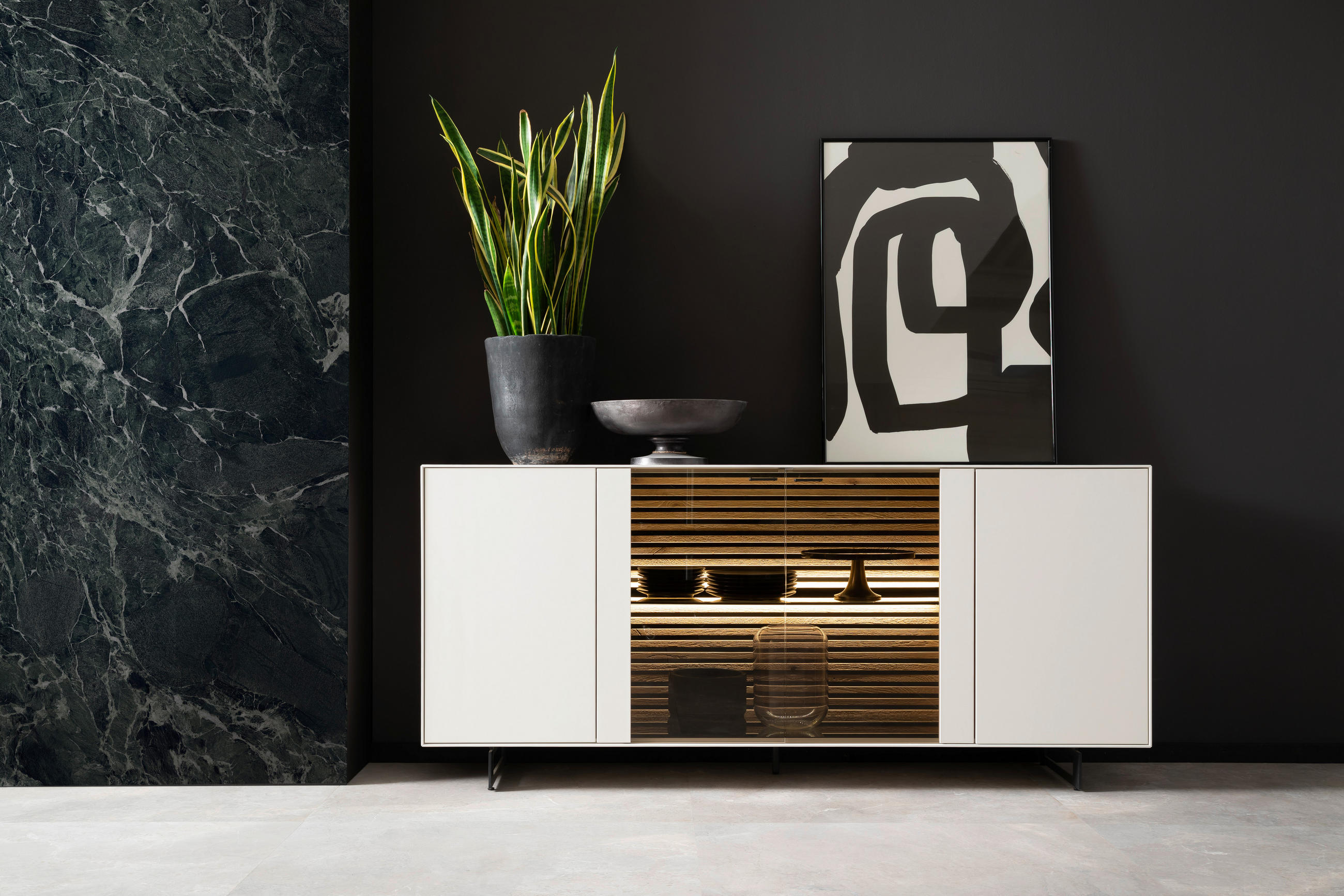 Thumbnail - Schöner Wohnen Sideboard Yonna, Weiß, Eiche, Holz, Glas, Kerneiche, massiv, 3 Fächer, 203x80x44 cm, Goldenes M, Dgm, Hol...