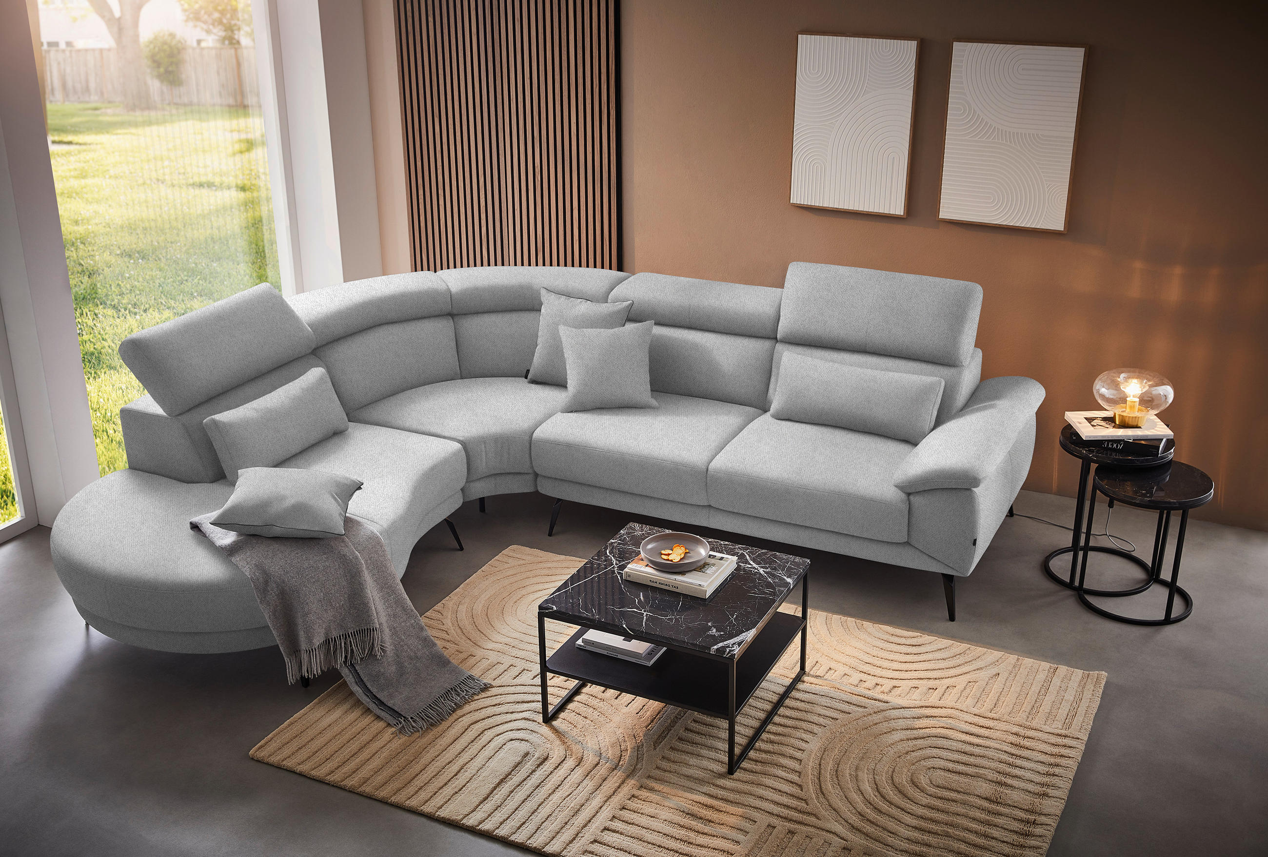 ECKSOFA in Velours Hellgrau  264/299 cm  - Hellgrau/Schwarz, Design, Textil/Metall (264/299cm) - Novel