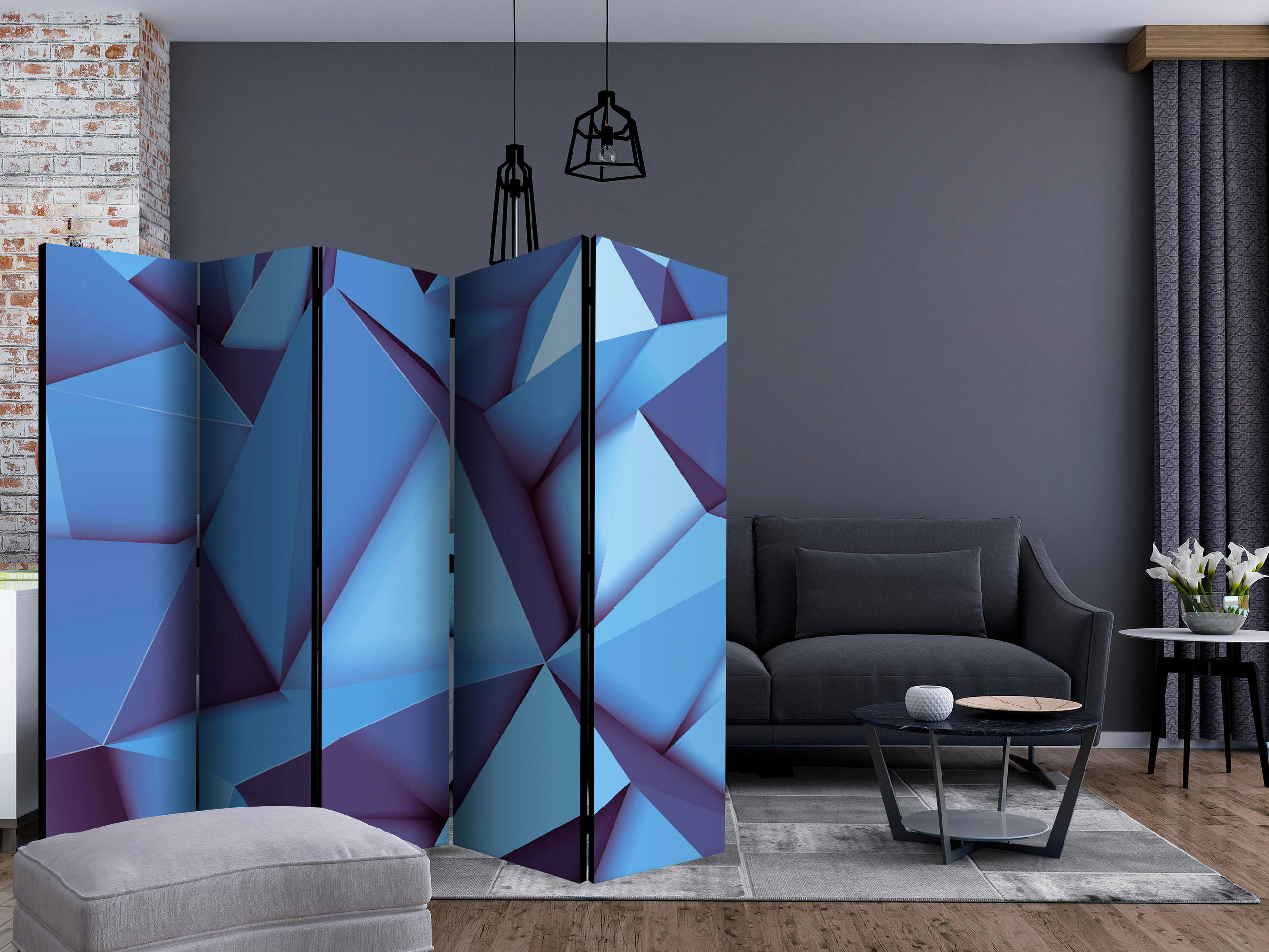 PARAVENT mit 5  Flügel - Blau/Hellblau, Basics, Holz/Textil (225/172/3cm) - artgeist