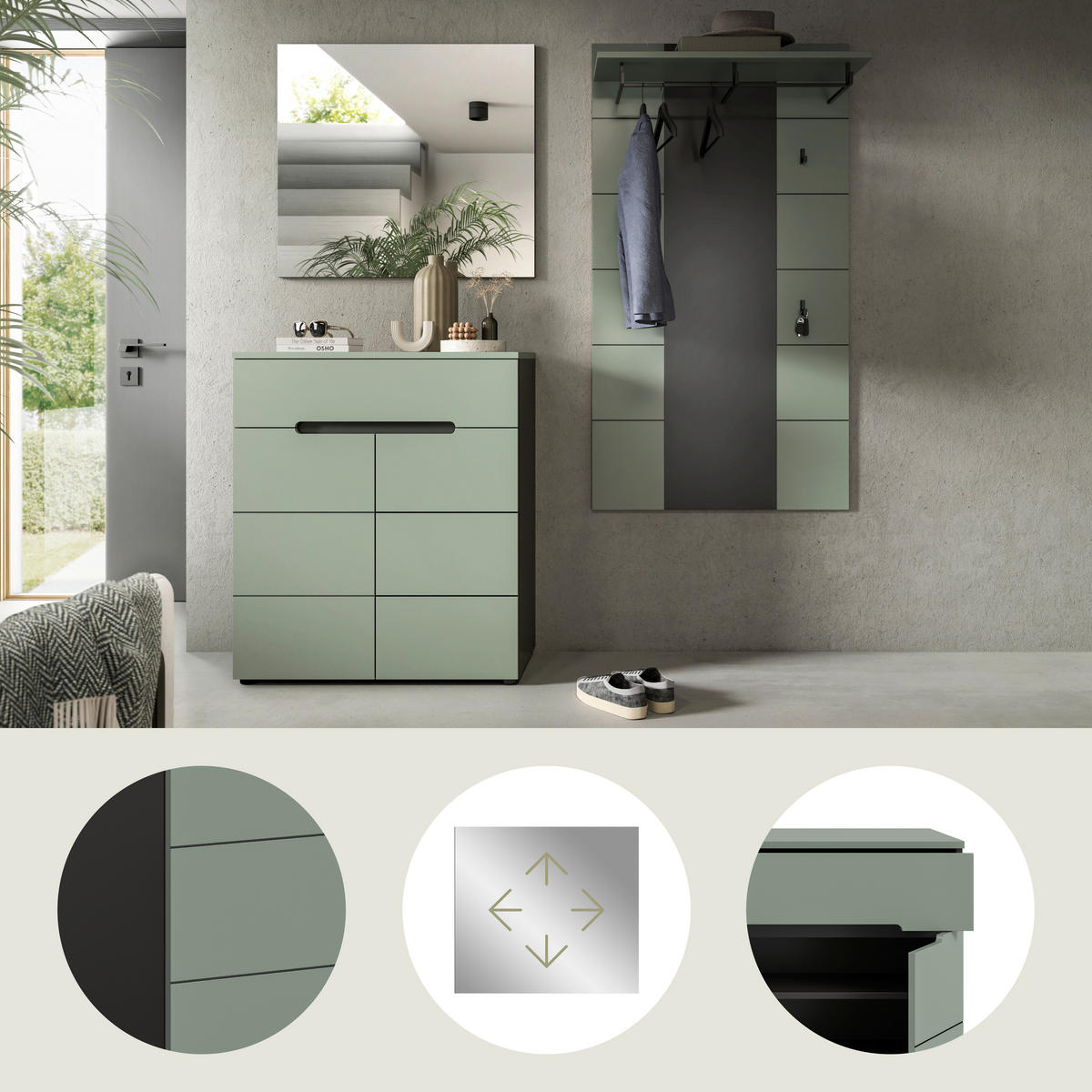 GARDEROBE 3-teilig 175/190/37 cm  - Graugrün/Grau, Design, Holzwerkstoff (175/190/37cm) - Livetastic