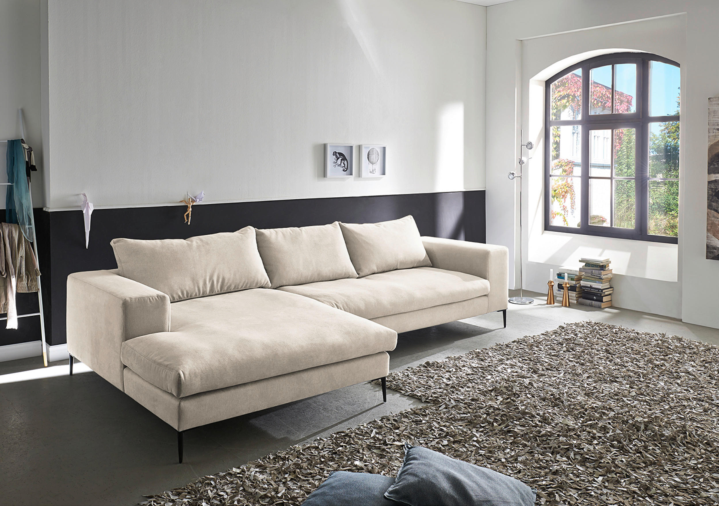ECKSOFA Beige Webstoff  - Beige/Schwarz, Design, Textil/Metall (170/275cm) - home24