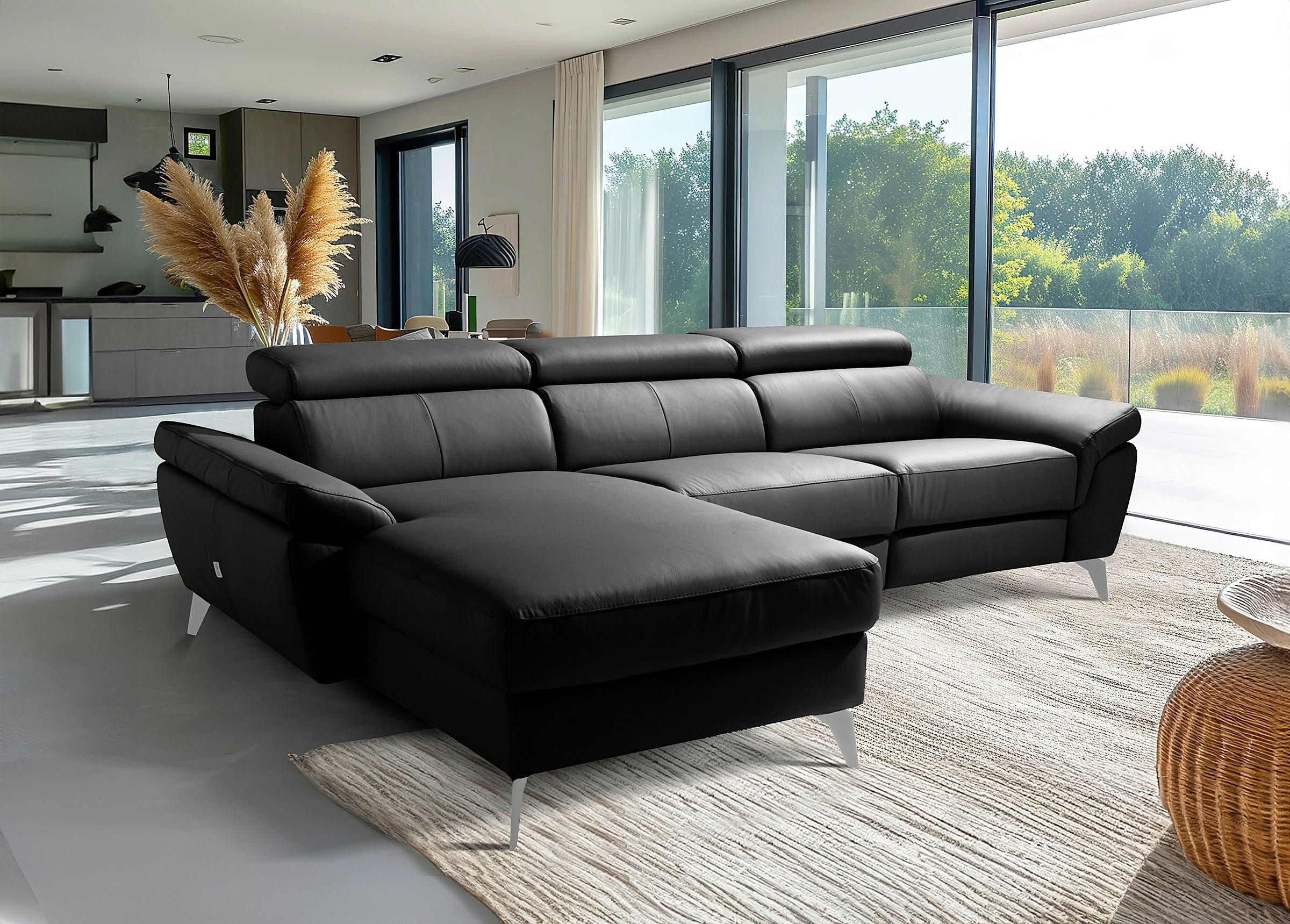 ECKSOFA SONO Schwarz Echtleder Lederlook Bettkasten, Armteilverstellung, Kopfteilverstellung  - Chromfarben/Schwarz, Design, Leder/Textil (252/179cm) - Livetastic