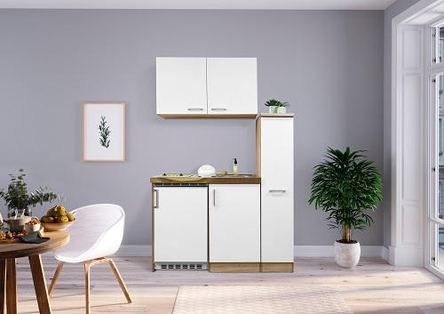 MINIKÜCHE 130 cm in Weiss, Eichefarben - Weiss/Edelstahlfarben, Modern, Holzwerkstoff/Metall (130cm) - Respekta