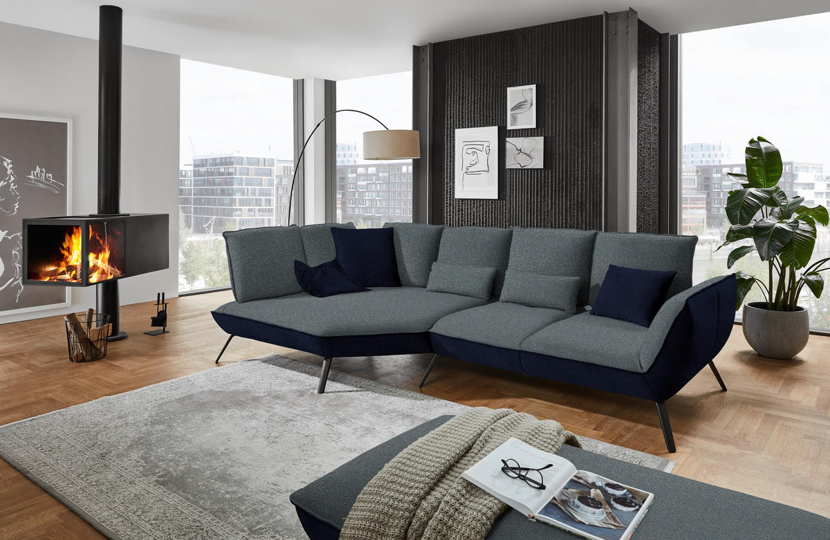 ECKSOFA in Flachgewebe Blaugrau  169/320 cm  - Blaugrau/Schwarz, Design, Textil/Metall (169/320cm) - Moderano