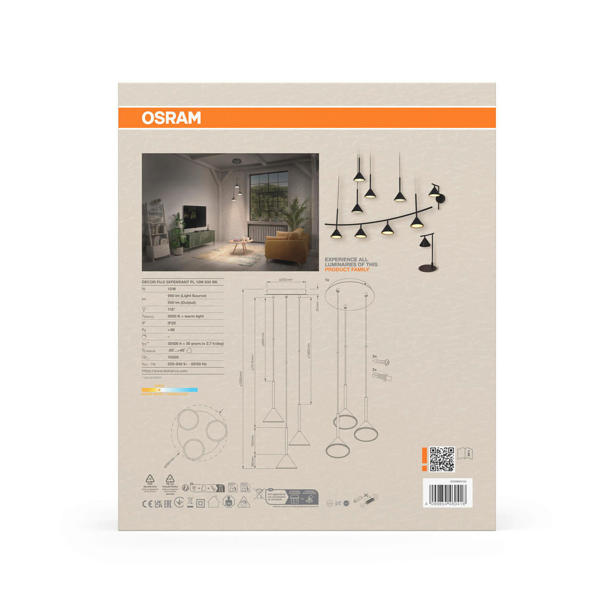 LED-HÄNGELEUCHTE 29/150 cm   - Schwarz, Basics, Metall (29/150cm) - Osram