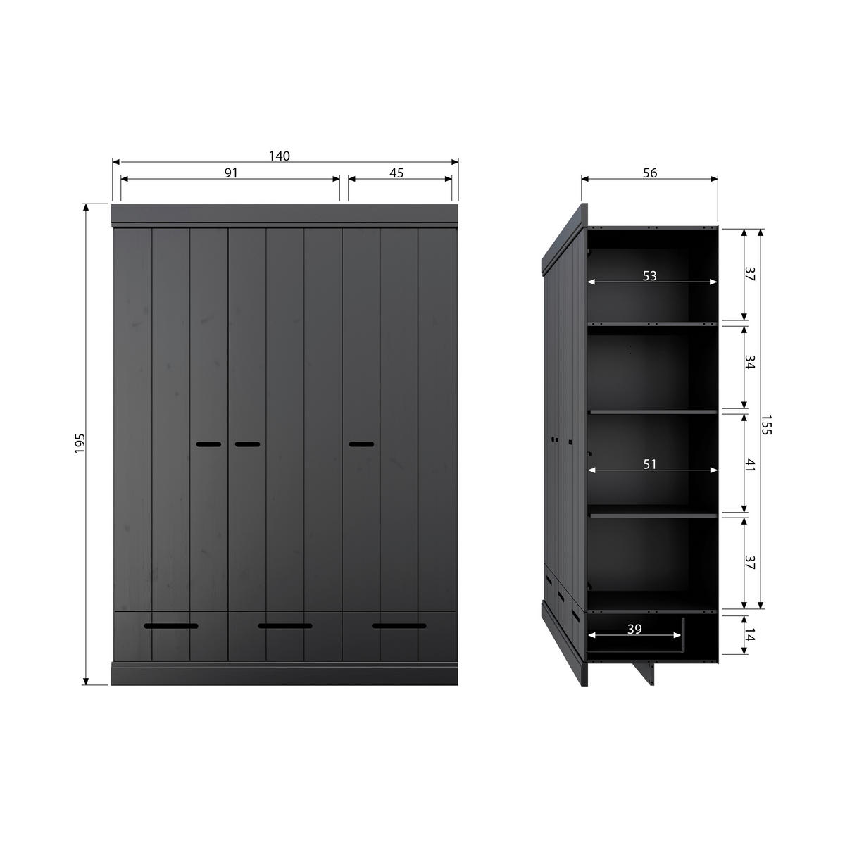 DREHTÜRENSCHRANK  in Schwarz  - Schwarz, Design, Holz (140/195/53cm) - Livetastic
