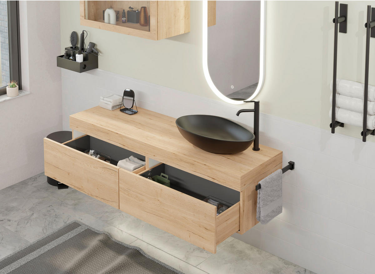 BADEZIMMER 6-teilig  in 160 cm  - Eichefarben/Schwarz, MODERN, Glas/Keramik (160cm) - Celina Home