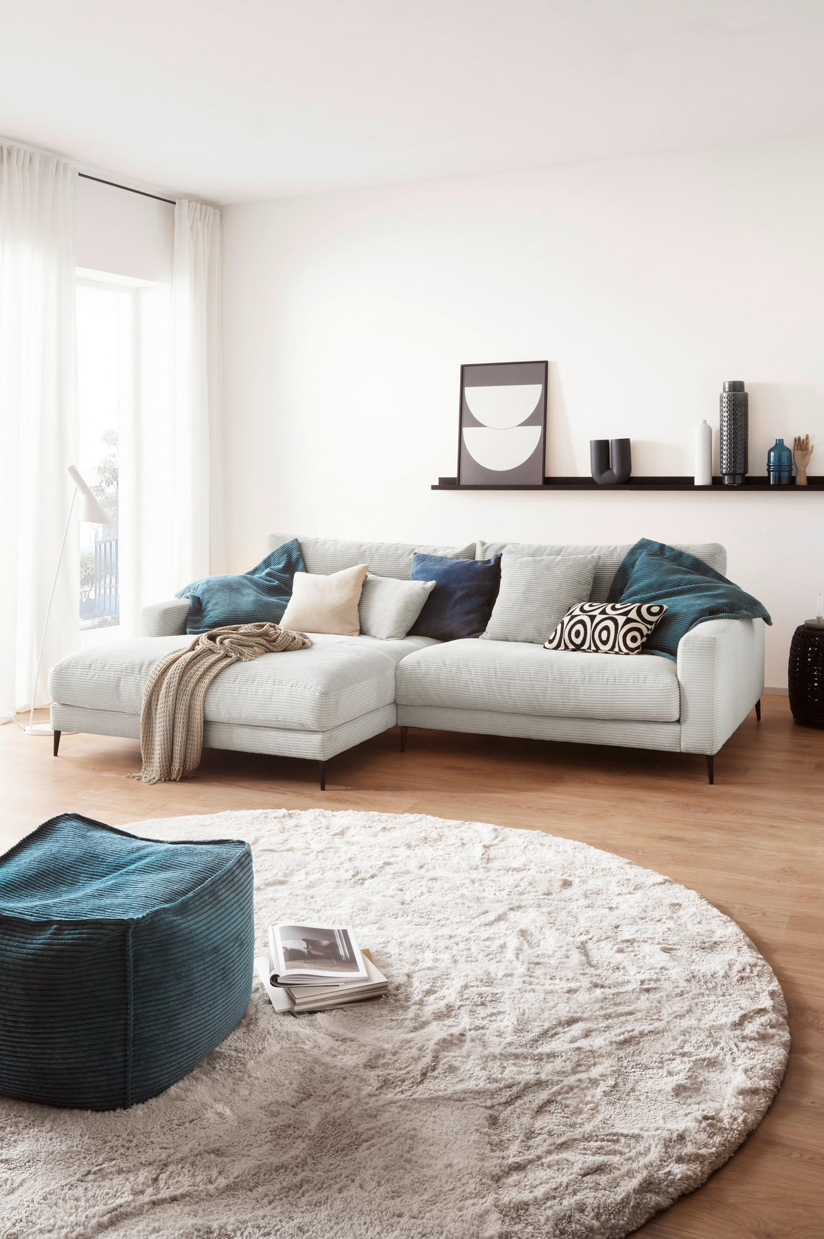 ECKSOFA in Cord Weiss  - Weiss/Schwarz, Design, Textil/Metall (272/190cm) - Lomoco