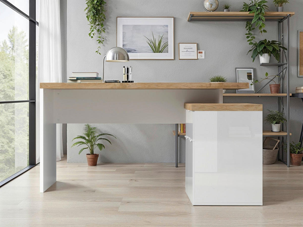 HÖRNSKRIVBORD 138/75/132 cm ekfärgad, vit högglans  - vit/vit högglans, Modern, metall/trämaterial (138/75/132cm) - Best Price