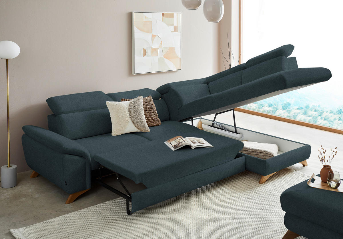 ECKSOFA in Flachgewebe Blau  - Blau/Eichefarben, Modern, Holz/Textil (287/212cm) - Valnatura