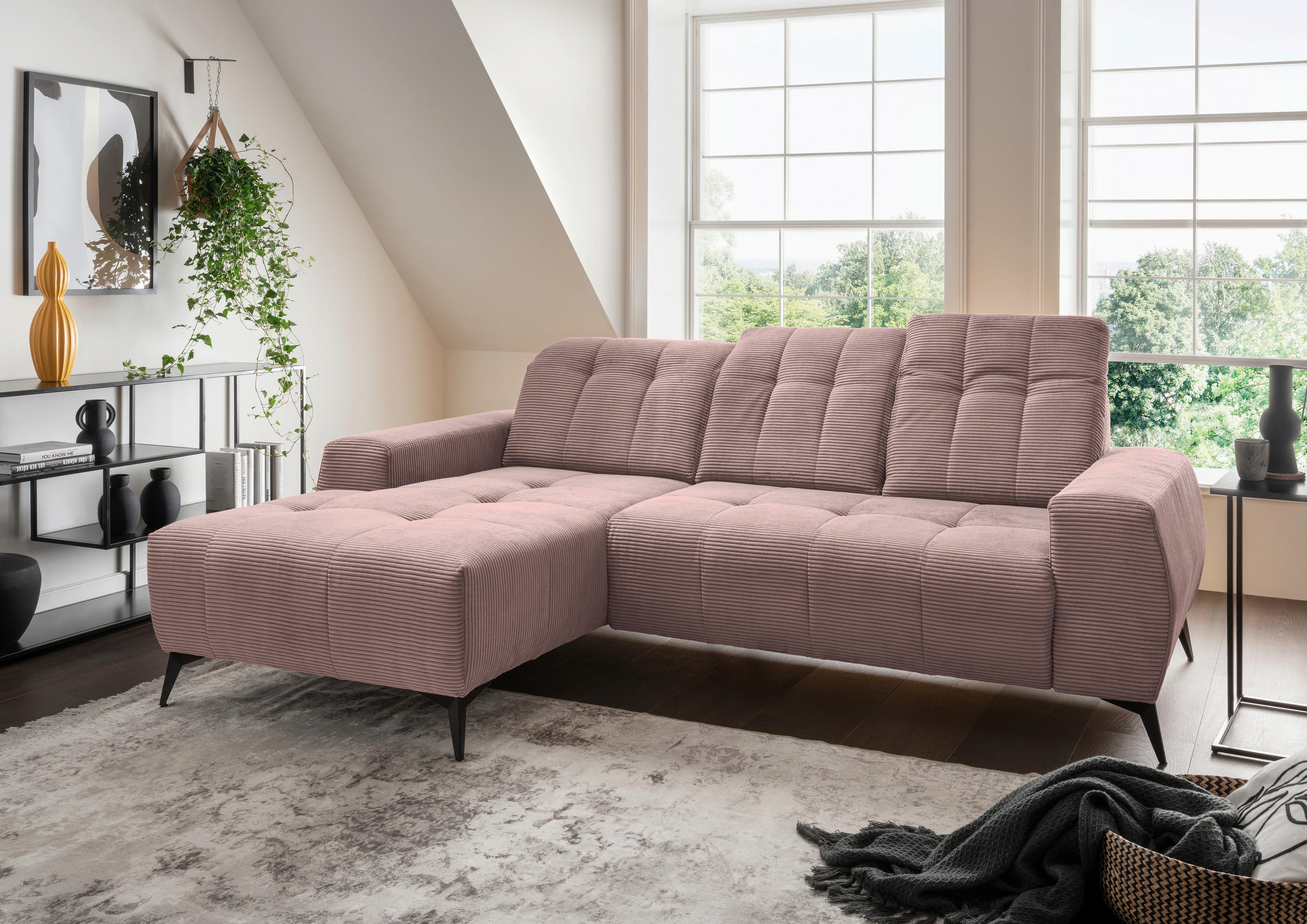 ECKSOFA in Cord Rosa  - Schwarz/Rosa, Modern, Textil/Metall (180/258cm) - Livetastic
