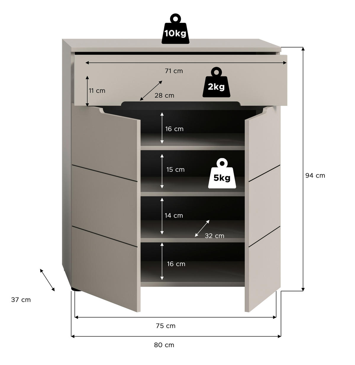 SCHUHSCHRANK Grau, Kaschmir  - Kaschmir/Schwarz, Design, Holzwerkstoff/Kunststoff (80/94/37cm) - MID.YOU