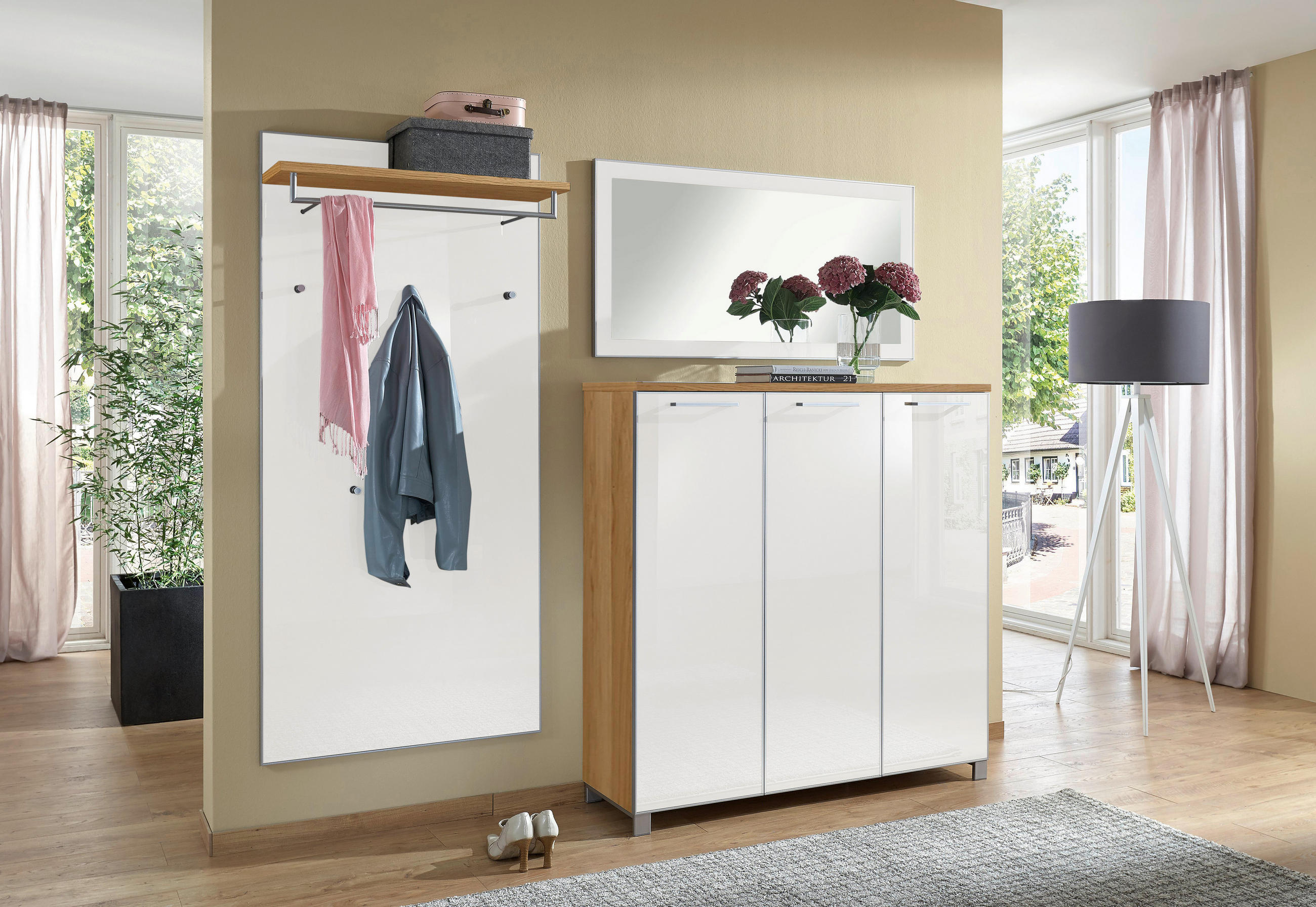 GARDEROBE Weiß, Eichefarben - Eichefarben/Weiß, Design, Glas/Holz (215/195/37cm)