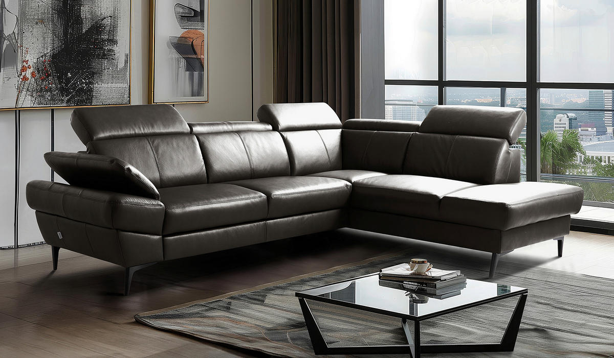 ECKSOFA Dunkelbraun Echtleder Lederlook Bettkasten, Schlaffunktion, Rücken echt, Armteilverstellung, Kopfteilverstellung  - Dunkelbraun/Schwarz, Design, Leder/Textil (264/211cm) - Livetastic