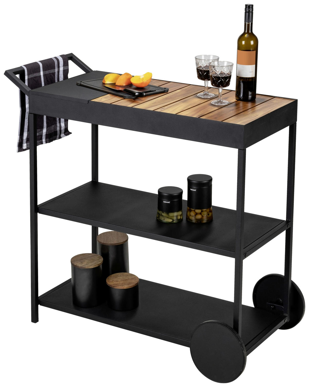 SERVIERWAGEN Akazie massiv Schwarz, Akaziefarben  - Schwarz/Akaziefarben, Design, Holz/Metall (80/40/98cm) - Wenko